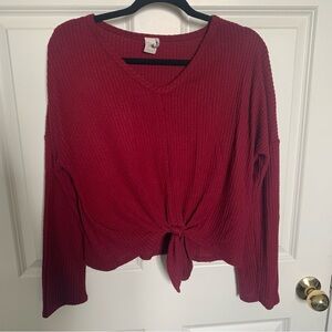 Waffle knit long sleeve with front tie